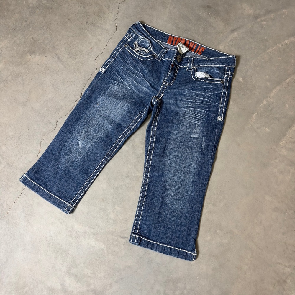 Y2K Hydraulic Denim Capris Womens 29 Dark Blue Baggy Contrast Stitch Cropped